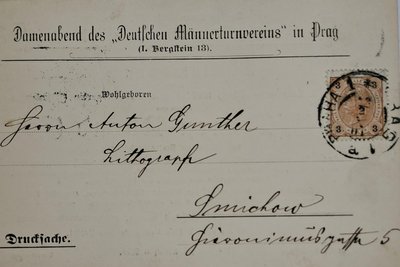 Das Beweisstück: Einladung für Anton Günther zum Damenabend in Prag mit seiner Wohnanschrift im Vorort Smíchov.