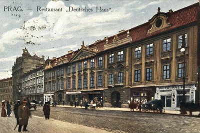Das Deutsche Haus am Graben in Prag auf einer historischen Ansichtskarte.