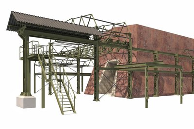 An der neuen Halle findet sich die aufbereitete Stahlkonstruktion wieder, drinnen wir das Kunstwerk installiert.