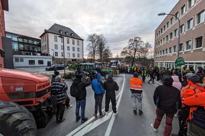 Gut eine Stunde lang haben die Bauern aus dem Erzgebirgskreis, unterstützt Handwerkern und Gewerbetreibenden, auf der B 101 in der Kreisstadt ausgeharrt. Ihnen war es wichtig, dass Landrat Rico Anton sich ihre Kritik anhört. Er sicherte Unterstützung zu.