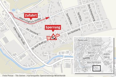 Das Wohngebiet ist nur noch über eine schmale Zufahrt erreichbar.