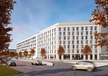 Ansicht des geplanten Hotels am Stefan-Heym-Platz, das zwischen dem Archäologiemuseum und dem Eins-Firmensitz gebaut wird.