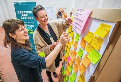 Beim Innovationscamp "Handwerk trifft Kreativwirtschaft" wurden Lösungen für Unternehmen erarbeitet. Im Bild sind Annett Löser (links) und Anne Krauß, die Leiterinnen des Projekts. 