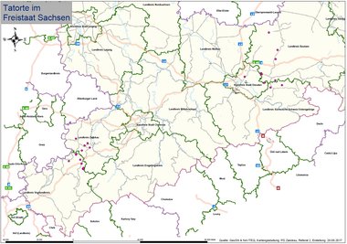 Lila markiert: die Tatorte der Bande in Sachsen.