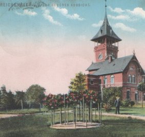 Eine Postkarte der Reichenbacher Gaststätte "Schönen Aussicht". Beim Bau der Anlage wurde ein Park mit angelegt. Beides wurde am 31. August 1890 eingeweiht. 