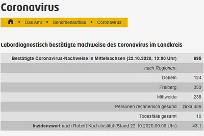 Andernorts werden Corona-Neuinfektionen nicht nur für den gesamten Kreis, sondern auch nach Regionen oder gar Kommunen aufgeteilt. Im Bild: die Seite des Landkreises Mittelsachsen. 