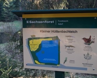 Auch am Kleinen Hüttenbachteich steht eine der neu gestalteten Tafeln des Lehrpfades. 
