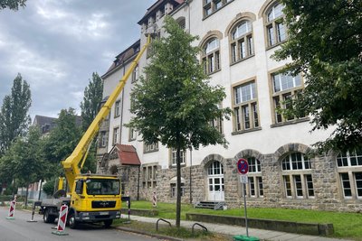 Derzeit laufen Fassadenarbeiten am Andrégymnasium.