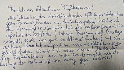 Leserbrief von Peter Dormanns aus Meerane zum Sachsenpokalspiel des VfB Empor Glauchau gegen Dynamo Dresden. 