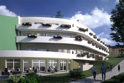 Diese Visualisierung zeigt, wie das neue Wohn- und Geschäftshaus an der Kurpromenade in Bad Schlema einmal aussehen soll.