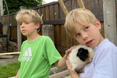 Die Meerschweinchen der Familie sind natürlich mit ins Vogtland übergesiedelt – Mattheo (vorn) und Jakob am Gehege im Garten.