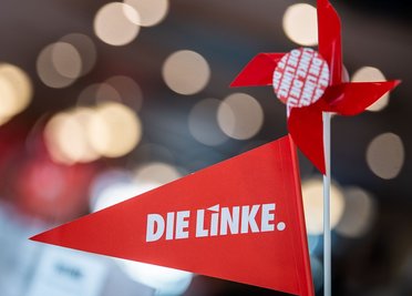 Ein Fähnchen und ein Windrand mit dem Logo der Partei Die Linke.