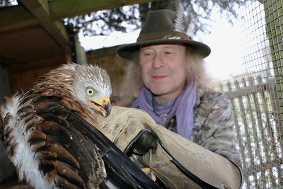 Ornithologe Jens Neumeister mit einem Rotmilan, der bei ihm in Pflege ist. Der Falkner bekommt immer wieder verletzte Greifvögel, um ihnen zu helfen. 