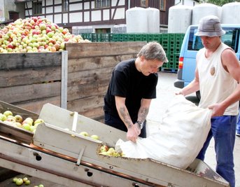 
              <p class="artikelinhalt">Michael Schönfeld (links) und Christian Ackermann aus dem thüringischen Großkundorf brachten mehrere Säcke voll mit Äpfeln in die Fruchtsaftkelterei.</p>
            