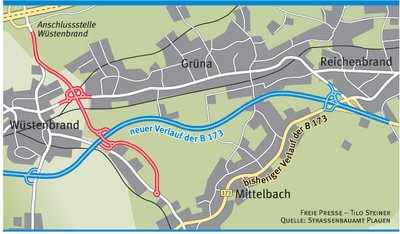 Die Grafik zeigt den Zubringer (rot) zu der Autobahnanschlussstelle Wüstenbrand und dessen Einbindung in die künftige B 173 (blau).