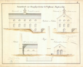 Der Riss aus dem Jahr 1874 zeigt das Maschinen- und Treibehaus sowie das Kesselhaus von Wolfgangmaßen.