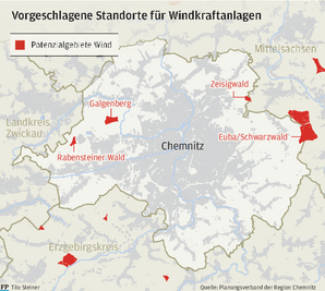 Vorgeschlagene Standorte für Windkraftanlagen in der Chemnitzer Umgebung