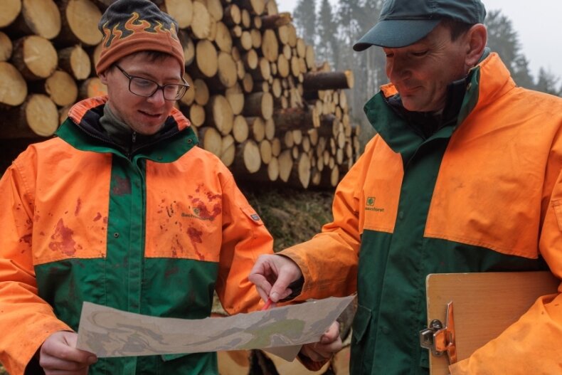4000 Bäume nicht mehr zu retten - Matthias Wendlandt (l.) und Johannes Riedel vom Sachsenforst bei einer Besprechung vor Ort. 