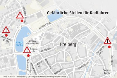 Gefährliche Stellen für Radfahrer in Freiberg.