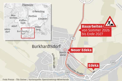 Vollsperrung der Bundesstraße in Burkhardtsdorf: Erst wird der untere Teil bis zum Edeka-Areal saniert, danach der obere Teil der B 95.