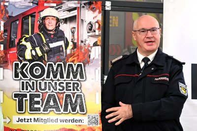 Verbandschef Michael Tatz präsentiert ein Motiv einer Plakatkampagne. Doch nicht nur die freiwilligen Feuerwehren ringen um Nachwuchs, auch die Verbandsführung selbst.