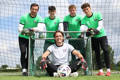Die vier Keeper sind erst einmal ohne Trainer: Martin Männel (v. li.), Louis Lord, Max Uhlig und Theo Kretschmer müssen in Zukunft ohne Georgios Berneanou auskommen.