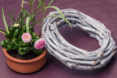 Zwischenprodukte: Ein mit bunten Frühjahrsblühern bepflanzter Tontopf und ein Kranz aus biegsamem Holz, der rings um das Pflanzgefäß gelegt wird.