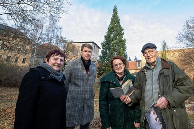 Der Star steht im Hintergrund: Es ist der Mammutbaum im Weisbachschen Garten. Zum Ortstermin am Mittwoch gut aufgelegt waren Baubürgermeisterin Kerstin Wolf, Markus Löffler und Carmen Kretschmar aus der Stadtplanung und Bernhard Weisbach, der Kreisnaturschutzbeauftragte (von links).