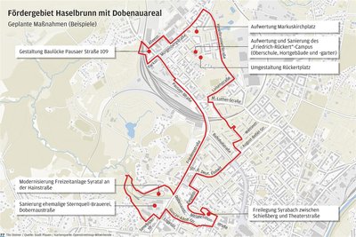 Von der Eisenbahnbrücke an der Pausaer Straße bis zur Pioniereisenbahn am Syratal: Exakt abgegrenzt ist das geförderte Sanierungsgebiet, zu dem nicht nur ein Großteil von Haselbrunn, sondern auch Teile der Dobenau gehören.