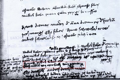 Der erste nachweisbare Auerbacher, 1486 geboren: Nicol Clauß (rot), der Zeit entsprechend geschrieben: „Gloß Nickel von awabach et omnium progenitorum“ („ ... und aller Vorfahren.“)