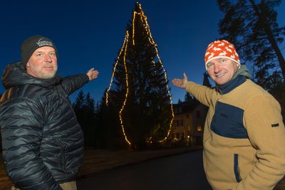 Mirko Fritzsche (links) und Marco Thoss sind stolz auf ihren Weihnachtsbaum.