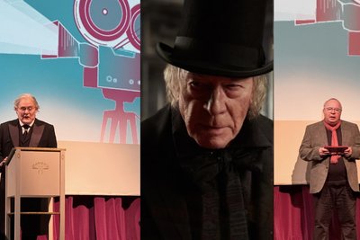 Frank Blees und Christopher Plummer als Ebenezer Scrooge. Thomas Erler kündigte in Freiberg stimmungsvoll den Film an.