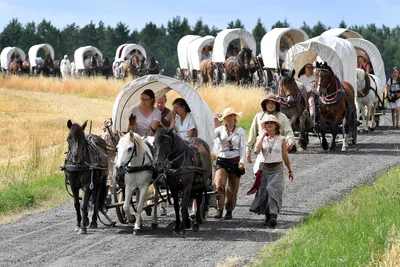 Der Historische Besiedlungszug, hier vor einigen Jahren bei Moosheim, ist nun vom 4. bis 12. Juli mit Planwagen unterwegs.