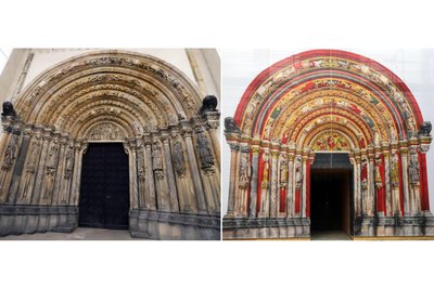 Original und Nachempfindung: Die Goldene Pforte im Dom St. Marien zu Freiberg (l.) und die Installation, wie die Pforte einmal ausgesehen haben dürfte.