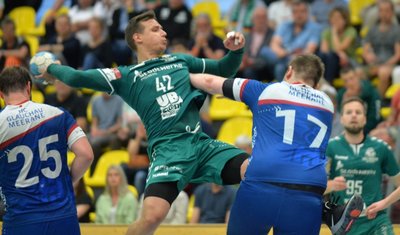 Starker Auftritt: Die Handballer der HSG Freiberg um Erik Riedel (M.) feierten gegen den HC Glauchau/Meerane auch im Rückspiel einen Erfolg. Der linke Rückraumakteur war dabei mit 6 Treffern am klaren 35:30 der Gastgeber beteiligt. 