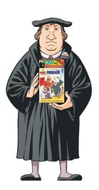 Martin Luther mit der Nummer 483 des Mosaikheftes: Die Abrafaxe landen im Mansfelder Land.
