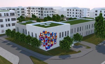 An der Lessingstraße entsteht die Kindertagesstätte "Villa Kunterbunt". Die Bauzeit verlängert sich voraussichtlich um 6 Monate bis April 2022, die Kosten steigen auf 6,1 Millionen Euro. Auf dem Entwurf fehlen noch die Parkplätze für die Eltern, die zusätzlich geschaffen worden sind. 