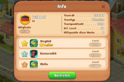 Fehlende oder inaktive Wortfilter? Die Team- und Nutzernamen in Gardenscapes sollten eigentlich automatisch abgelehnt werden. Wurden sie aber nicht, wie dieser Screenshot beweist.