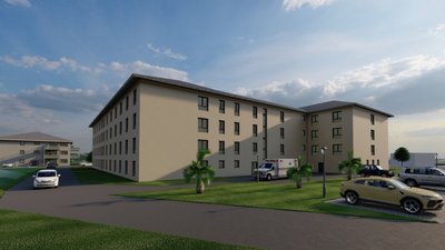 Die Grafik zeigt das geplante Seniorenzentrum, das die Theed-Projekt-Gruppe aus Chemnitz in Augustusburg bauen will. 120 Plätze soll die Einrichtung haben. Im Hintergrund links ist eines der vier Wohnhäuser zu sehen, die parallel entstehen sollen. 
