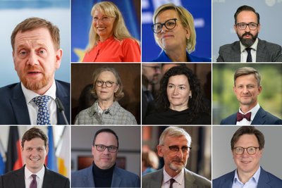 Das Kabinett III von Ministerpräsident Michael Kretschmer (von l. o. n. r. u.: Petra Köpping, Barbara Klepsch, Sebastian Gemkow, Regina Kraushaar, Constanze Geiert, Andreas Handschuh, Conrad Clemens, Dirk Panter, Armin Schuster und Georg Ludwig von Breitenbuch.