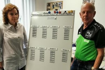 47 Teams streiten um Pokal der Freien Presse - Kerstin Lohse, stv. "Freie Presse"-Geschäftsstellenleiterin Verlagsbezirk Vogtland, und Manfred Jahn, Vizepräsident des Vogtländischen Fußball-Verbands, bei der Auslosung in Plauen.