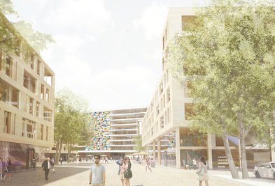 So könnte nach den Vorstellungen der Sieger eines Mitte 2015 abgeschlossenen Gutachterverfahrens das neue Theaterviertel zwischen Behördenkomplex (hinten) und Kunstsammlungen aussehen.