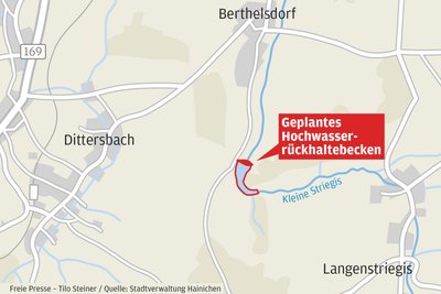 Südlich von Berthelsdorf soll an der Kleinen Striegis ein „grünes Becken“ für 170.000 Kubikmeter Hochwasser entstehen. Statt auf eine 90-prozentige Förderung vom Freistaat kann Hainichen nur noch auf 75 Prozent hoffen.