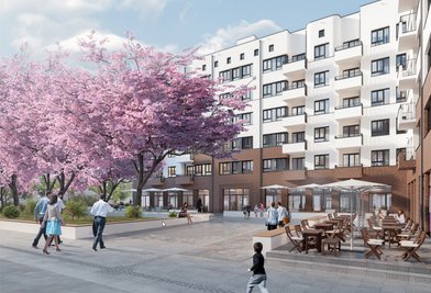 Die Grafik zeigt das Gebäude mit sechs Stockwerken und 143 Mietwohnungen, wie es an der Wiesenstraße vis-a-vis zum Tietz entstehen soll. Im Erdgeschoss ist Platz für sieben Gewerbeeinheiten wie etwa Cafés. Davor sollen Grün- und Freiflächen zum Bummeln und Verweilen einladen. 