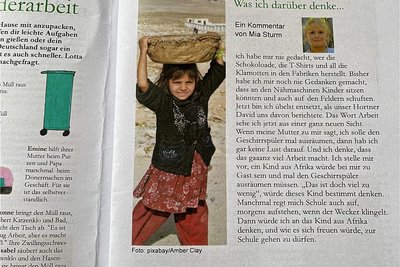 Zum Thema „Kinderarbeit“ nimmt Grundschülerin Mia Sturm kritisch Stellung. Dafür gibt es einen ersten Platz.