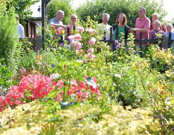 Welche ist die schönste Gartenanlage? Im "Waldfrieden" an der Brückenstraße in Freiberg führt dessen Vorsitzender Sven Halfter (r.) eine Kommission um Tommy Brumm, Präsident des Landesverbandes Sachsen der Kleingärtner aus Dresden (l.), durch die blühenden Oasen. 