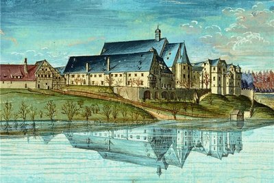 Klosteransicht von Südost als farbige Tuschezeichnung. 