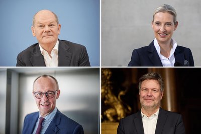 Kreuzen bis zur Wahl noch bei einigen Gelegenheiten die Klingen: Olaf Scholz (SPD), Alice Weidel (AFD), Robert Habeck (Grüne) und Friedrich Merz (CDU) (von links oben im Uhrzeigersinn).