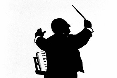Anton Bruckner als Dirigent in einer zeitgenössischen Scherenschnitt-Darstellung.