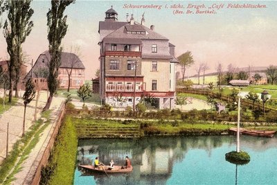 Die Karte aus dem Verlag Vogel zeigt das Café Feldschlösschen, später als Café Barthel, Klubhaus und Rockelmannschänke bekannt. Heute wird es als Haus der Vereine genutzt. 